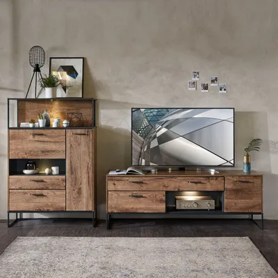 Produktbild von Industrial TV-Wohnwand in Haveleiche Cognac mit Matera anthrazit MINNEAPOLIS-55  inkl. LED Beleuchtung, B/H/T ca: 289/151/48 cm
