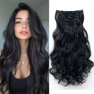 Obrázok produktu pre Clip-in predlžovanie vlasov, vlnité, syntetické, prírodná čierna farba, 6 prameňov, 16 klipov, dĺžka 48 cm