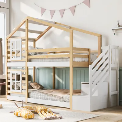 Image de Lit enfant « cabane dans les arbres » à deux niveaux, 90 x 200 cm, couleur naturel et blanc, avec structure en forme de fenêtre, espace de rangement et barrière de sécurité, comprenant 2 sommiers à lattes, lit en bois sécurisé