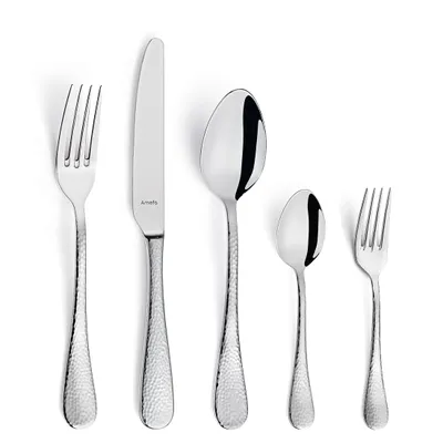 A set of five stainless steel cutlery pieces arranged in a line against a white background.