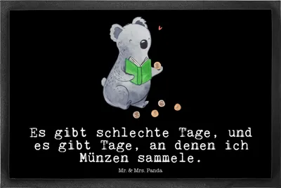 Produktbild von Mr. & Mrs. Panda fußmatte Koala Münzen sammeln 40 x 60 cm - Schwarz - Geschenk, Schmutzfangmatte, aus Aller Welt, Numismatik, flurmatte, Schmutzmatte, Schmutzfänger