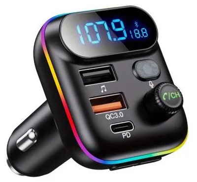 Image de Adaptateur sans fil pour voiture avec radio FM, Bluetooth 5.0, lecteur MP3, chargeur USB QC3.0 + PD 20 W, LED 7 couleurs.