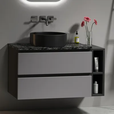 Produktbild von Waschbeckenunterschrank hängend 80cm mit Keramikwaschbecken Schubladen Badmöbel Set Schwarz Grau