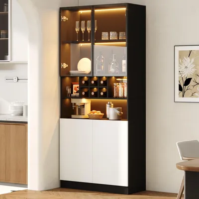 Produktbild von MODFU Glasvitrine 80×30×180 cm, Hochschrank Mehrzweckschrank mit LED-Beleuchtung, Flaschenhalter und gehärtetem Glas, Aufbewahrungsschrank Weiß