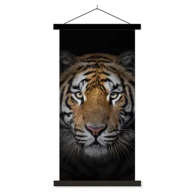 Produktbild von MuchoWow® Textilposter Tiger - Wildtiere - Porträt - Schwarz - Tiere 90x180 cm mit schwarzem Rahmen - Dekoration Wohnzimmer