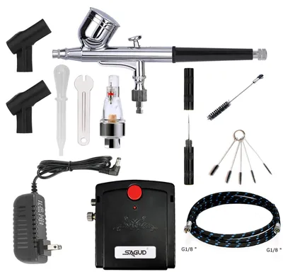 Produktbild von Airbrushset mit Kompressor Airbrushpistole - Doppelwirkend - 0,3 mm Düse - 25 psi - Schwarz Kompressor - Für Torten, Nägel und Modellbau