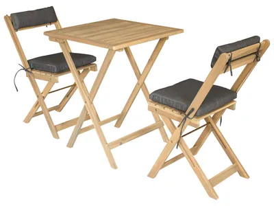 Image de Ensemble table et chaises 2 places en acacia et coussins gris BENAGIL