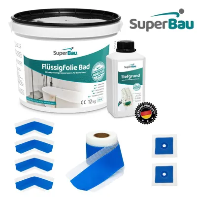 Produktbild von Superbau Dichtset - Flüssigfolie 12 kg, Tiefengrund 1L, Dichtband 10m, 4x Innenecke, 2x Manschette, Bad & Dusche Abdichtung Set, Wasserdicht, Grau