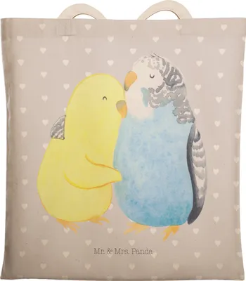 Produktbild von Mr. & Mrs. Panda Tote Bag Wellensittich Liebe - Grau Pastell - Geschenk, Stofftragetasche, Tragetasche, Stoffbeutel, Verknallt, Tasche, shopping, Vögel, Verliebt, Umarmen