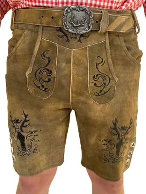 Produktbild von Luxus-Trachtenhose aus hochwertigem Ziegenleder | Braun/Khaki mit stilvollen Verzierungen | Inklusive Gürtel | Knopfleiste | Nur chemische Reinigung | 100% Ziegenleder | Perfekt für Oktoberfest & besondere Anlässe | Must-have für Trachtenliebhaber, Größe: 52 Farbe: Braun