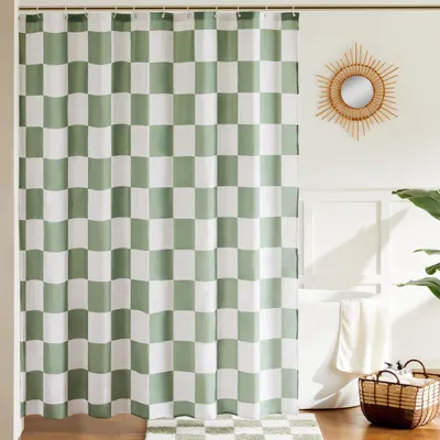 Produktbild von Karierter Duschvorhang fürs Badezimmer, schönes Retro-Karomuster, Duschvorhang im Vintage-Stil, maschinenwaschbar, Stoffduschvorhang, salbeigrün, 183 x 183 cm
