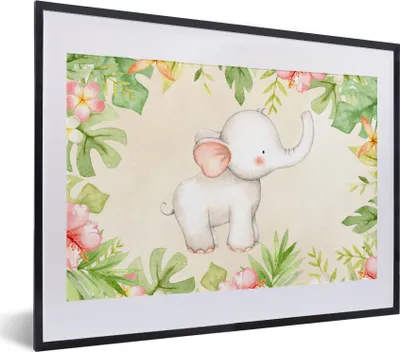 Produktbild von MuchoWow® MuchoWow® Gerahmtes Poster Elefant - Blumen - Pflanzen - Dschungel 40x30 cm - Poster mit zchwarzem Bilderrahmen - Bilderrahmen - Poster im Rahmen