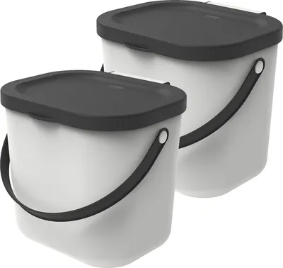 Two white compost bins with dark gray lids and black handles are shown against a white background.