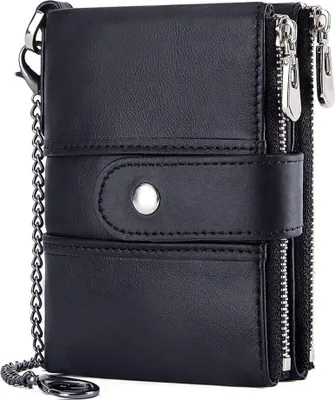 Produktbild von Geldbörse Herren Leder mit Kette Geldbeutel Männer Viele Fächer Portemonnaie Herren Münzfach Doppelreißverschluss Echtleder Brieftasche Männer RFID Schutz 16 kartenfächer Hochformat (Schwarz)