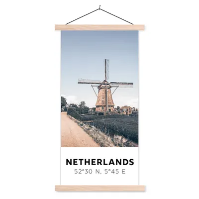 Produktbild von MuchoWow® Textilposter Niederlande - Mühle - Wiese 60x120 cm mit holzfarbenen Rahmen - Holz