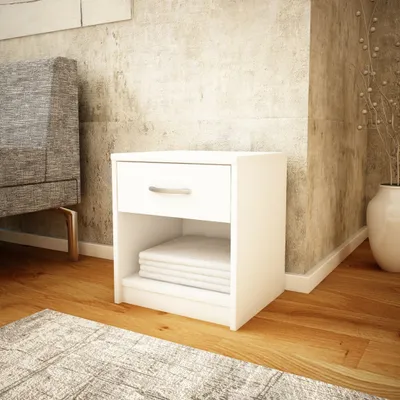 Produktbild von Kommode mit 1 Schublade Nachttisch schmal mit matter Oberfläche 39 cm breit abgerundete Kanten und geräumiger Stauraum weiß