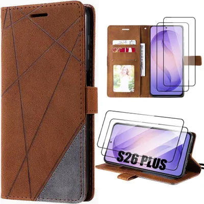 Image de Coque + 2 Verres Trempés pour Samsung Galaxy S26 Plus, Flip Case Antichoc Anti-Rayures Effet Cuir Gris Marron