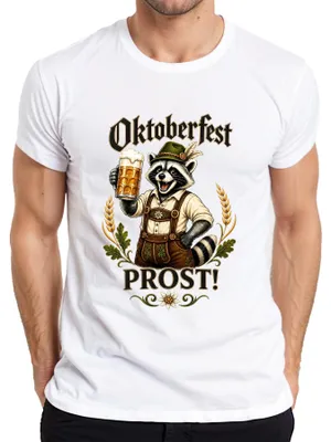Productafbeelding van , PROST, wasbeerprint, leren broek, bierkan, dirndl, Wiesn, heren T-shirt, wit, maat L