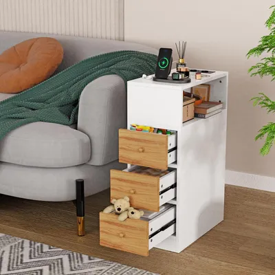 Produktbild von Nachttisch Schmal mit Ladefunktion 25x70x35 cm Weiß 3 Schubladen 2 Steckdosen 2 USB