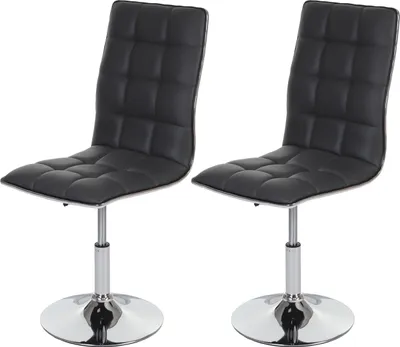 Two black dining chairs with chrome bases against a white background.