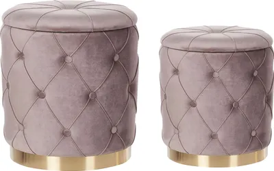 Produktbild von BELIANI Pouf 2er Set Taupe Samtstoff Gesteppt mit Stauraum Goldener Metallring Runde Form Chesterfield Stil Retro Wohnzimmer Schlafzimmer Flur Modern