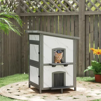 Produktbild von Outdoor-Katzenhaus 2-stöckig mit Aluminiumisolierung, Katzenhütte Garten Tannenholz wasserdicht, Grau/Weiß | 60x60x88 cm | 10 kg | Acrylfenster