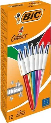 Zdjęcie produktu dla BIC 4 Colours Shine, Spinacz, Przyciskany długopis, Możliwość ponownego napełnienia, Czarny, Niebieski, Zielony, Czerwony, 12 szt., Średni