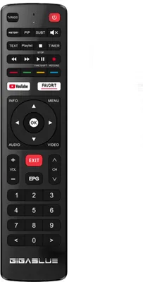 A black remote control is shown against a white background.