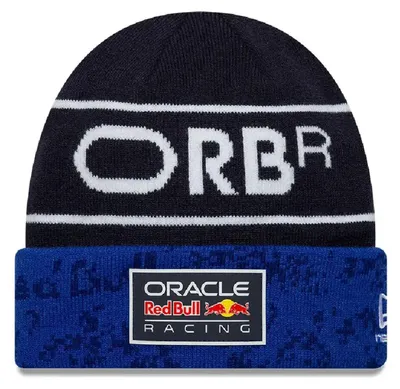 Immagine prodotto di Berretto Red Bull Racing New Era Team Cuff, articolo ufficiale per i fan, berretto blu navy con scritta ORBR e risvolto blu royal, 100%.poliacrilico