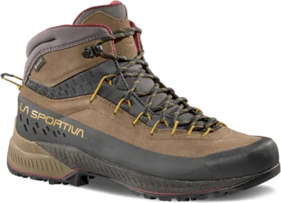 Zustiegsschuh "TX4 Evo Mid GTX" von La Sportiva in braun mit gelben Schnürsenkeln und robustem Profil.