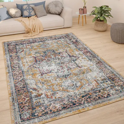 Image de Tapis de salon à poils courts vintage pastel motif oriental moderne dimensions 80 x 150 cm
