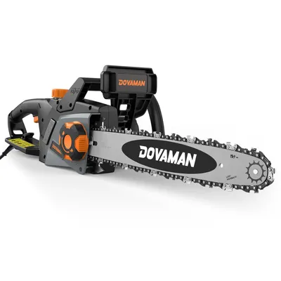 A studio shot of an electric chainsaw against a white background.