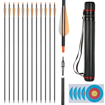 Produktbild von Bogensport Pfeile Set - 12 Stück Carbonpfeile 80 cm - Für Recurve und Compoundbogen - Stahlspitze - Mit Köcher und Zielscheibenpapier - Orange