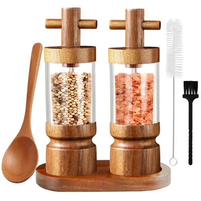 Produktbild von Pfeffermühle Holz Salzmühle Manuell Gewürzmühle Set Verstellbarem Keramikmahlwerk Salz und Pfeffermühle mit untersetzer für Gewürze Pfeffer Salz 2er