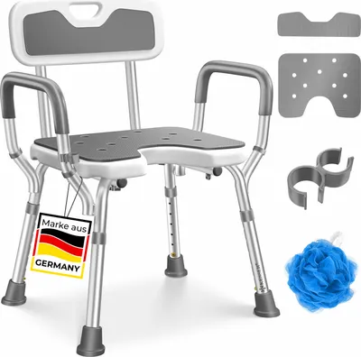 Produktbild von KESSER® Duschhocker mit Lehne höhenverstellbar in 6 Stufen Badhocker 150KG Duschstuhl Anti-Rutsch Füße & Matten Duschhilfe Duschsitz + Brausehalterung