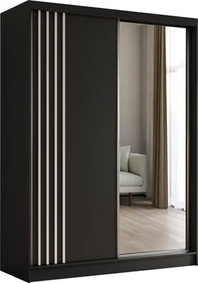 Produktbild von 160 cm Kleiderschrank Neli mit Lamellen und Spiegel inklusive 2 Schiebetüren Schwebetürenschrank (Farbe: schwarz, schwarz, Lamelle weiß)
