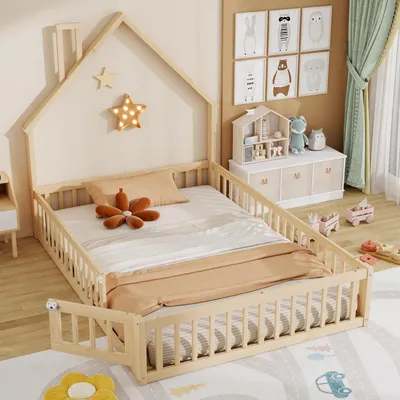 Produktbild von Kinderbett Hausbett, 140x200cm, Kinderbett mit Schornsteinform, Bett mit Lattenrost (ohne Matratze), Kiefernholz, Minimalistischer Stil, Natur