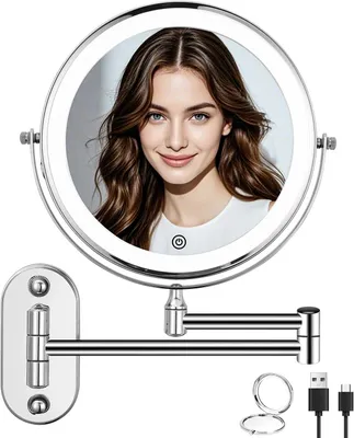 Zdjęcie produktu dla Lusterko do montażu na ścianie z powiększaniem i oświetleniem - powiększenie 10x - lusterko do makijażu z możliwością regulacji jasności - lustro ścienne do łazienki i hotelu - z oświetleniem
