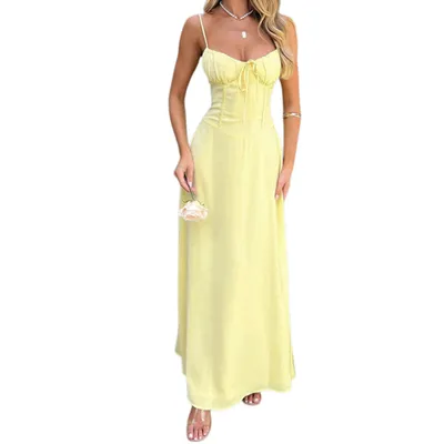 Produktbild von Damen Träger Maxikleid, taillierte A-Linie in Hellgelb für Sommer und Urlaub, Größe 46