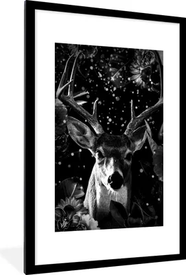 Produktbild von MuchoWow® Gerahmtes Poster Botanische Hirsche mit hellen Kugeln vor schwarzem Hintergrund - schwarz und weiß 60x90 cm - Poster mit Schwarzem Bilderrahmen Wandposter Rahmen Foto Bilder - Dekoration - Wandposter Wohnzimmer - Hochwertig