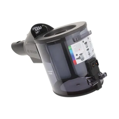 A close-up shot of a black and transparent vacuum cleaner dustbin attachment, with the Bosch logo visible.
