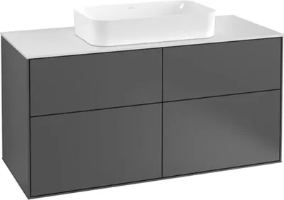 Image de Villeroy & Boch Finion meuble sous lavabo, 4 tiroirs, avec éclairage, lavabo au centre, sans trou pour robinetterie, 1200x603x501mm, Glass Black Matt, G67200HJ