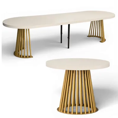 Produktbild von Großer runder Esstisch RO-7 Ø 100 cm ausziehbar bis 300 cm – Kaschmir & Gold-Lamellen – Inkl. 4 Einlegeplatten