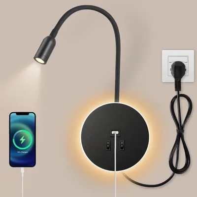 Produktbild von LED-Schwanenhals-Leselampe, verstellbare Wandleuchte mit USB-Ladeanschluss
