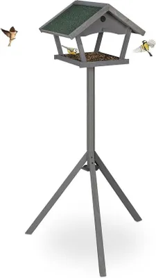 Productafbeelding van Famanu vogelhuis op voet, voor kleine tuinvogels, hout, hoogte x breedte x diepte 139 x 70 x 60 cm, vrijstaand voederhuis, grijs/groen