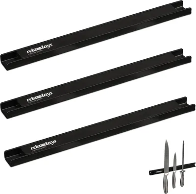 Immagine prodotto di Set di 3 barre magnetiche Relaxdays, lunghezza 30 cm ciascuna, acciaio, porta-utensili e coltelli, da avvitare alla parete, nero