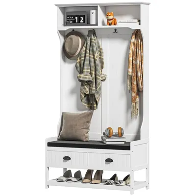 Produktbild von 2-in-1 Garderobenständer, Kleiderständer mit 4 Haken, Garderobe mit Schuhbank und Ablagen, Jackenständer mit Kippschutz, für Eingangsbereich,Flur