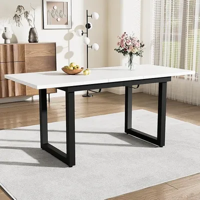 Produktbild von Ausziehbarer Esstisch 140-180 cm Industriestil | rechteckig, schwarzes Metallgestell | für 6-8 Personen | Weiß