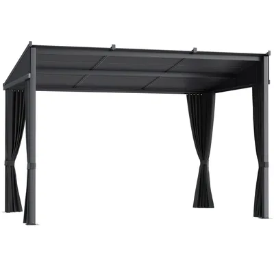 Produktbild von Outsunny Pergola, 3,65 x 2,55 m Pavillon, Terrassenüberdachung mit Schiebedach, Gartenpavillon mit Vorhängen, für Garten, Hof, Alu+Metall, Dunkelgrau
