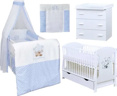 Produktbild von Baby-Delux Babyzimmer Babybett Wickelkommode Weiss Bettwäsche Komplett Twinkle Star Blau